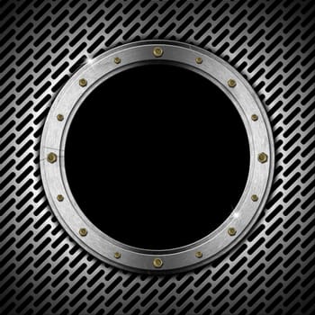 Dark gray metallic porthole with grid, bolts and black hole (window) 
