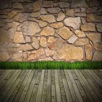 Brown stone grunge interior with green grass on wood floor