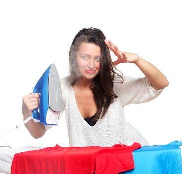 Ironing woman, isolated on white