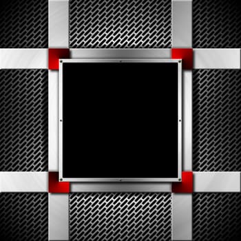 Metallic abstract background with grid texture and square metal frame