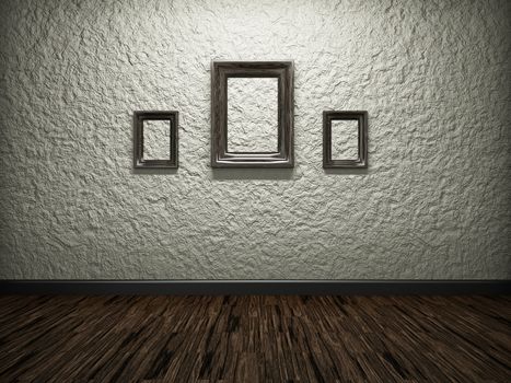 Three empty frames on a concrete wall