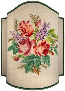 Hand embroidery on beige canvas of roses, flowers and leaves