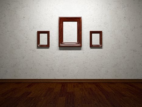 Three empty frames on a concrete wall