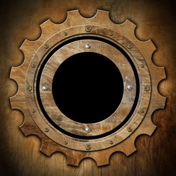 Brown rusty metallic porthole gear-shaped with black hole (window) 

