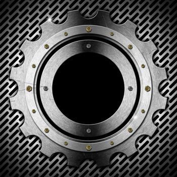 Metallic porthole gear-shaped with black hole (window) on metal grid
