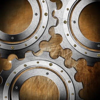Mechanical template with metallic gears on brown grunge background
