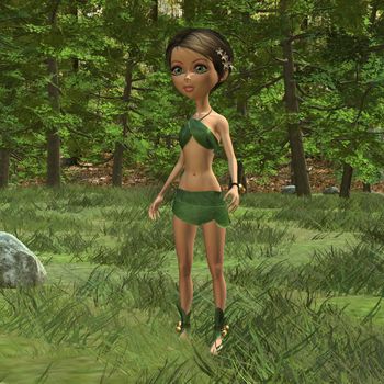3D digital render of a cute elf girl in a leafy suit in a green forest