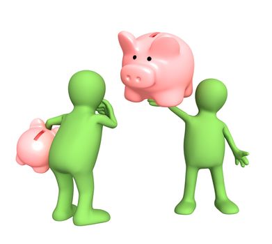 Two puppet with piggy bank. Isolated over white