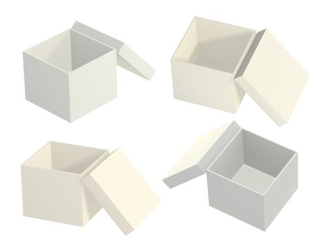 Collection of open empty boxes. Isolated over white