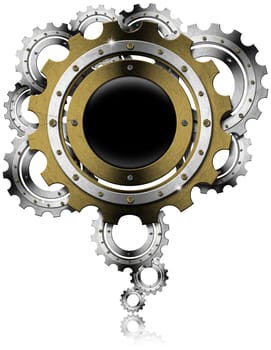 Industrial background with metal and golden gears on a white background
