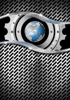 Blue and metal business background with gear, globe and grid