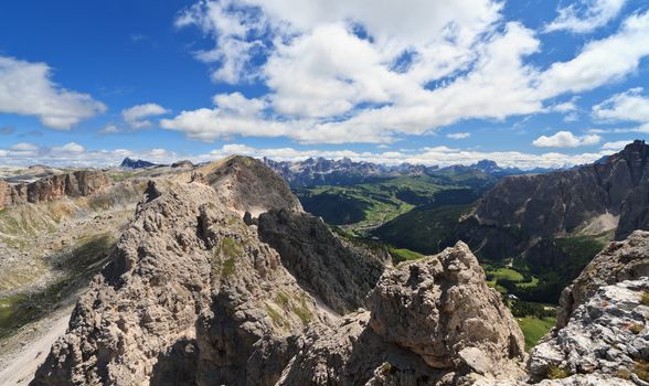 summer landscape of Badia Valley from Cir mountain, Italian Dolomites