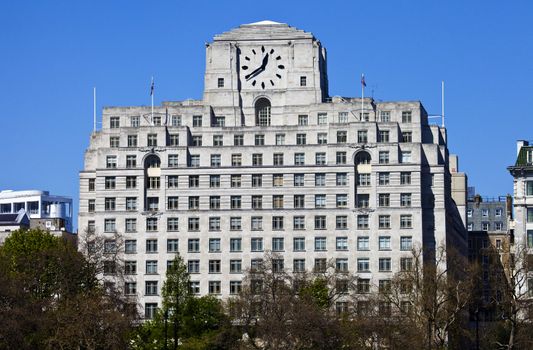 The art deco facade of Shell Mex House in London.