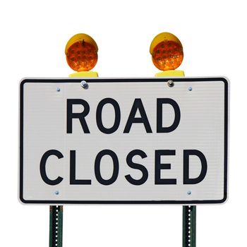 Road closed sign with orange lights against a white background square