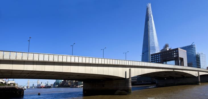 A panoramic view of London Bridge, The Shard and Tower Bridge.