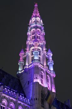 Looking up at the tower of Brussels City Hall (Hotel de Ville) in Belgium.