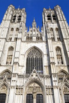 Looking up at the impressive St. Michael and St. Gudula Cathedral in Brussels, Belgium.