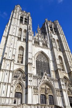 Looking up at the impressive St. Michael and St. Gudula Cathedral in Brussels, Belgium.