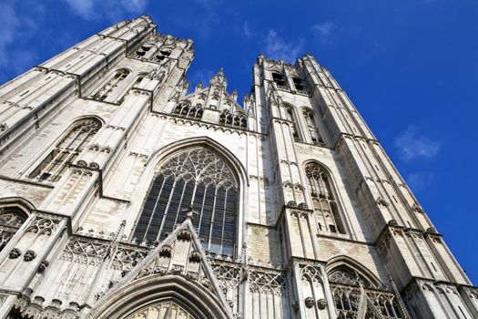 Looking up at the impressive St. Michael and St. Gudula Cathedral in Brussels, Belgium.