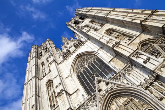 Looking up at the impressive St. Michael and St. Gudula Cathedral in Brussels, Belgium.