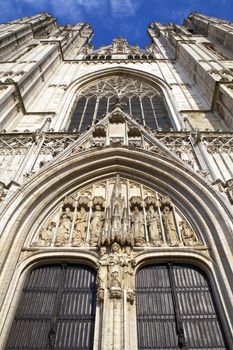 Looking up at the impressive St. Michael and St. Gudula Cathedral in Brussels, Belgium.