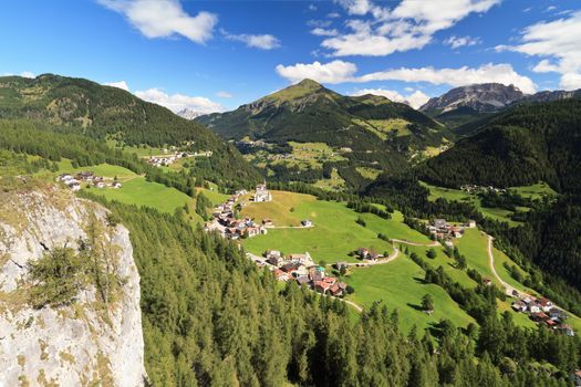 aerial view of Laste village and Cordevole valley from Sass de Rocia, Italian Dolomites