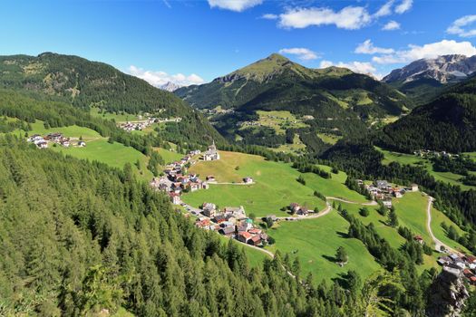 aerial view of Laste village and Cordevole valley from Sass de Rocia, Italian Dolomites