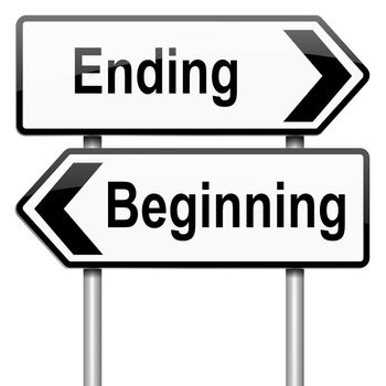 Illustration depicting a roadsign with a beginning or ending concept. White background.