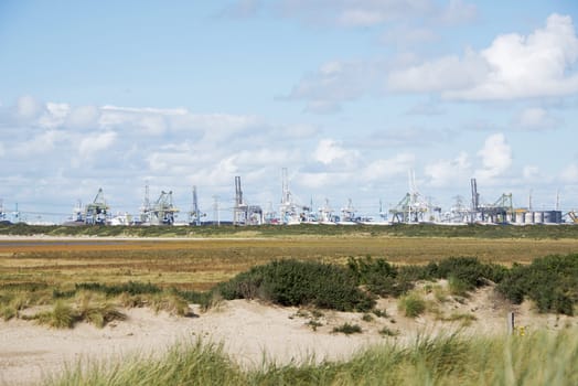 Skyline of industry in Netherlands harbor 