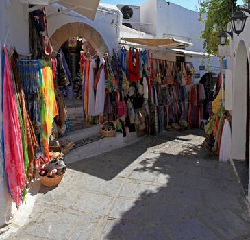 Traditional shops and merchandise on the streets of Lindos in Rhodes