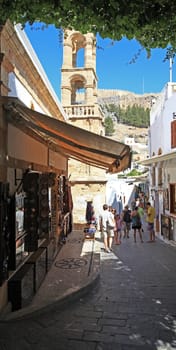 Traditional architecture in the streets and backalleys of Lindos in  Rhodes Greece