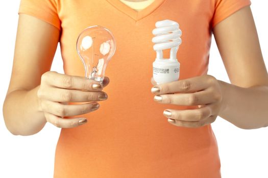 Close up image of human hand holding two different kinds of light bulbs against white background