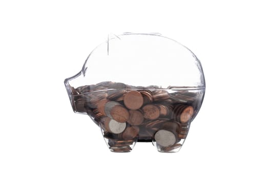 A side-view image of a clear piggy bank over the white background 