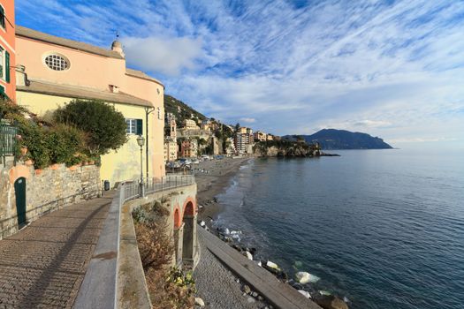 beach and 	promenade in Sori, small village in Liguria, Italy