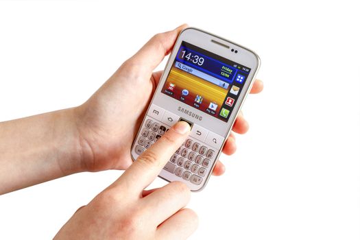 Galati, Romania - April 25, 2013: The Samsung Galaxy Y Pro B5510 is a Android smartphone with full QWERTY keyboard candybar.