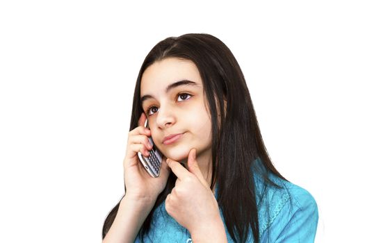 Bored teenage girl talking to smart phone on white background