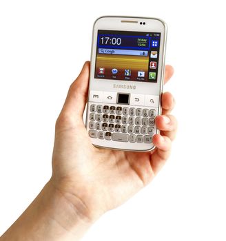 Galati, Romania - April 25, 2013: The Samsung Galaxy Y Pro B5510 is a Android smartphone with full QWERTY keyboard candybar.