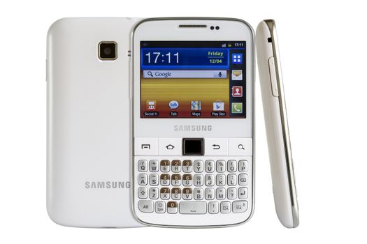 Galati, Romania - April 25, 2013: The Samsung Galaxy Y Pro B5510 is a Android smartphone with full QWERTY keyboard candybar. 