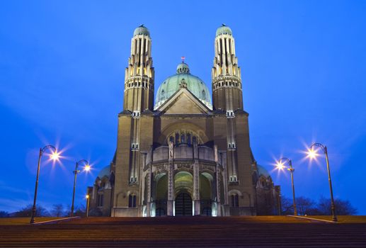 The Basilica of the Sacred Heart at dusk, in Brussels.