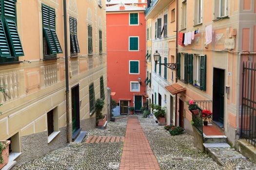 ancient street in Sori, small village in Liguria, Italy