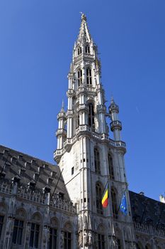 The tower of Brussels City Hall/Town Hall located in Grand Place.