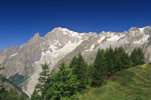 summer view Mont Blanc from Ferret valley, Courmayeur, Italy