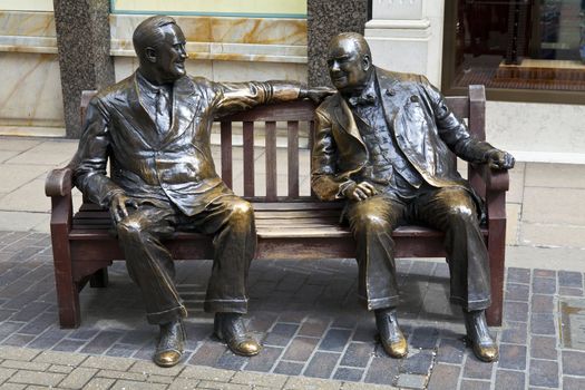 Statues of allies Franklin D. Roosevelt and Winston Churchill 'talking' to each other in London's Mayfair.