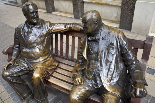 Statues of allies Franklin D. Roosevelt and Winston Churchill 'talking' to each other in London's Mayfair.