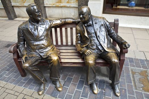 Statues of allies Franklin D. Roosevelt and Winston Churchill 'talking' to each other in London's Mayfair.