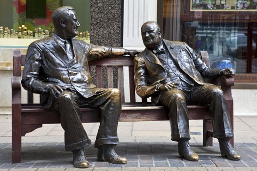 Statues of allies Franklin D. Roosevelt and Winston Churchill 'talking' to each other in London's Mayfair.