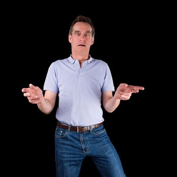 Shocked Surprised Confused Middle Age Man Hands Raised Black Background