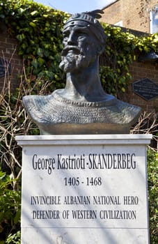 A memorial bust of Albanian National Hero George Kastrioti-Skanderberg on Inverness Terrace in London.