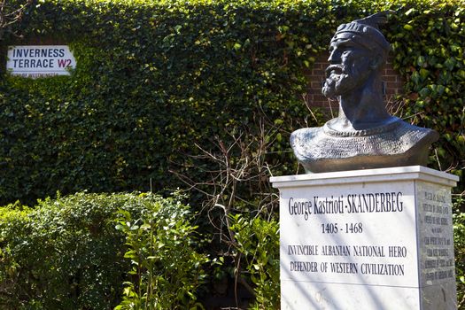 A memorial bust of Albanian National Hero George Kastrioti-Skanderberg on Inverness Terrace in London.