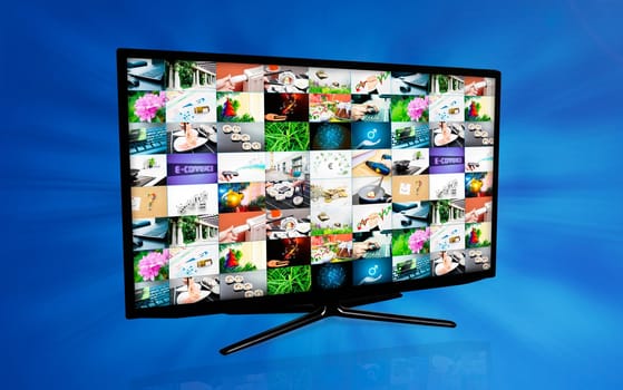 Widescreen high definition TV screen with video gallery. Television and internet concept on blue background